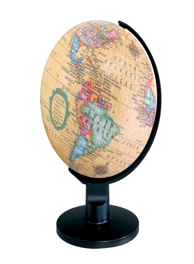 Replogle Trekker 6" Diameter Up to Date Cartography, with , Antique Globe Ball and Sturdy Plastic Base. This rotating desktop globe encompasses all the countries and geographic landmasses of the world. It is 6" wide with a plastic base and a smooth spinning action. A perfect desktop accessory for a worldly executive, a gift for a curious geography loving child, or an accouterment to any household setting. - Image 1